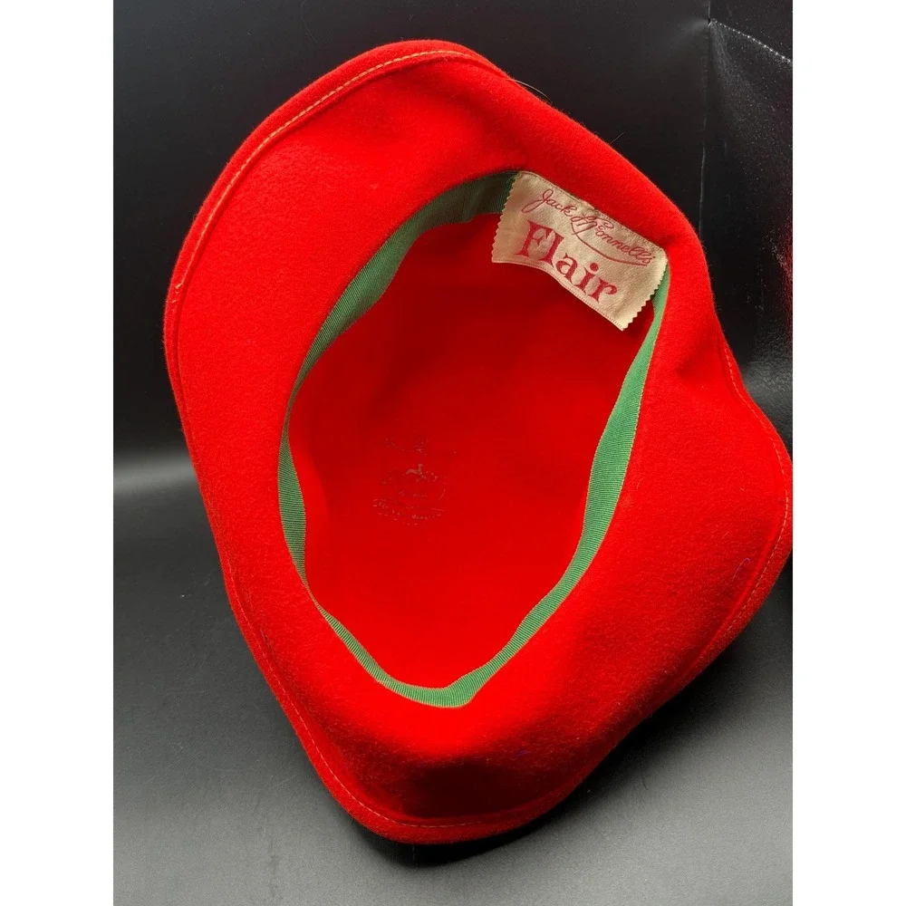 Vtg Jack McConnell Flair Red Wool Doeskin Felt Cloche Hat Lace Flower Church